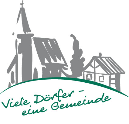 Umrisse einer Kirche und eines Hauses im Hintergrund, im Vordergrund steht in grüner Schrift: Viele Dörfer - eine Gemeinde